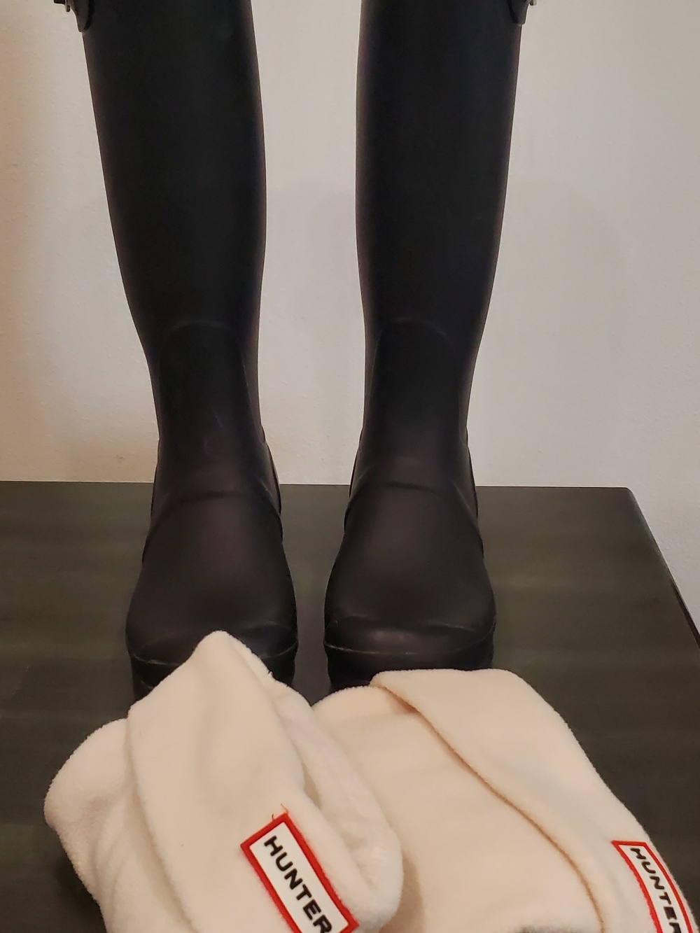 Hunter Black Tall Rain Boots with Cream Fleece Liners